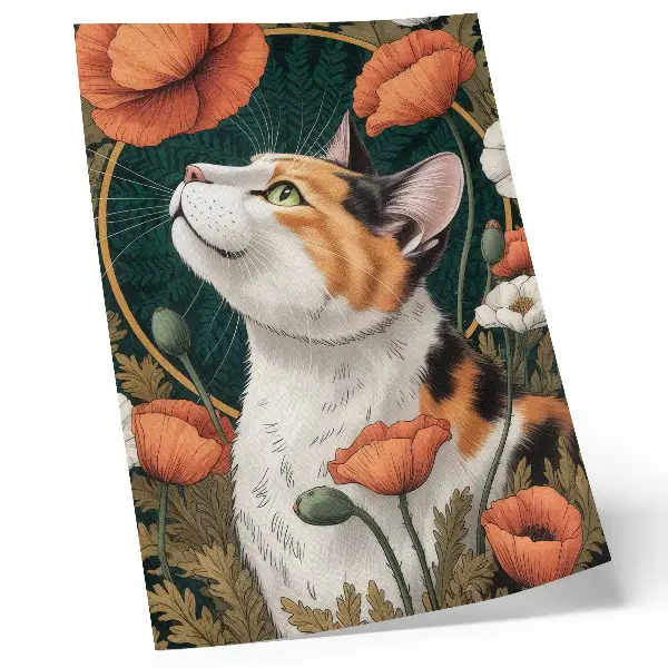 Poster cat among the poppies in an illustrative nature style