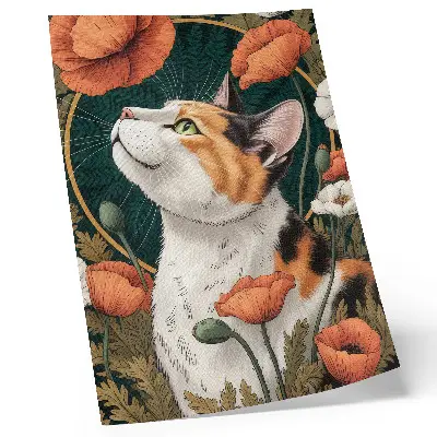 Poster cat among the poppies in an illustrative nature style