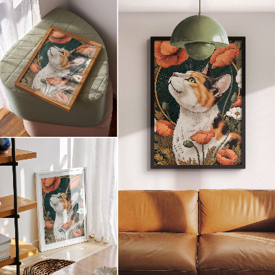 Poster Cat among the poppies, illustration style, nature
