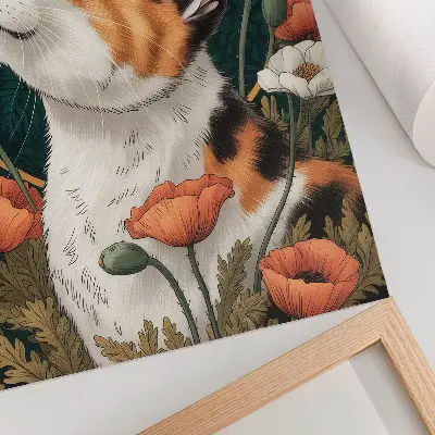 Poster cat among the poppies in an illustrative nature style