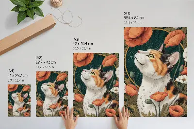 Poster cat among the poppies in an illustrative nature style