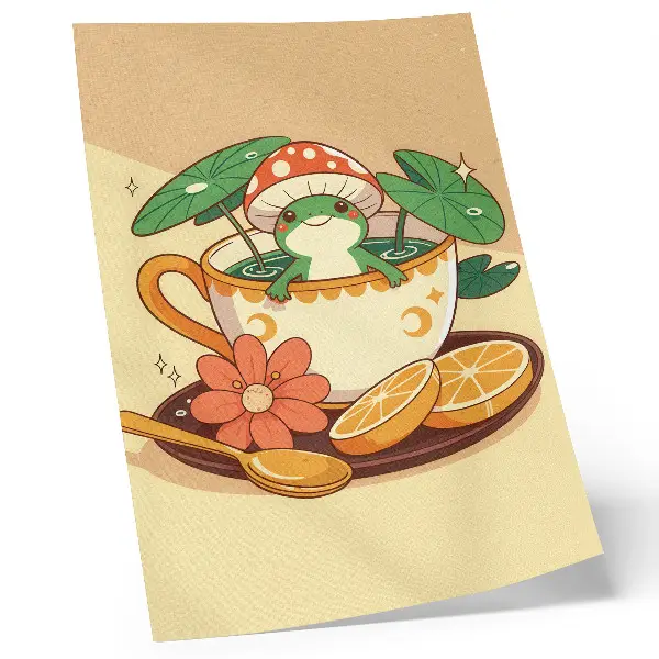 Decorative poster frog in a cup of flowers, oranges, and leaves