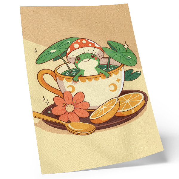 Decorative poster Frog in a cup of flowers, oranges, leaves