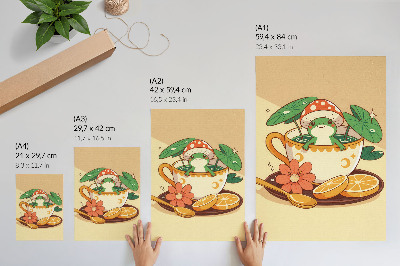 Decorative poster Frog in a cup of flowers, oranges, leaves