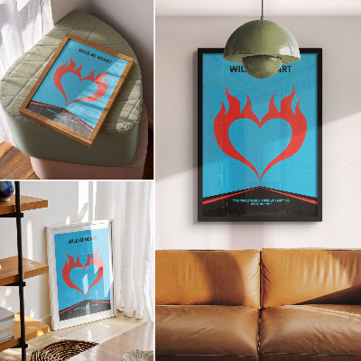 Art print Red flames heart blue background modern theme