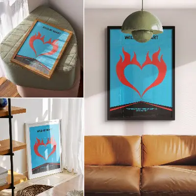 Art print red heart with flames on a blue background in a modern style