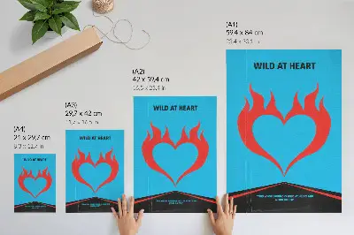 Art print red heart with flames on a blue background in a modern style