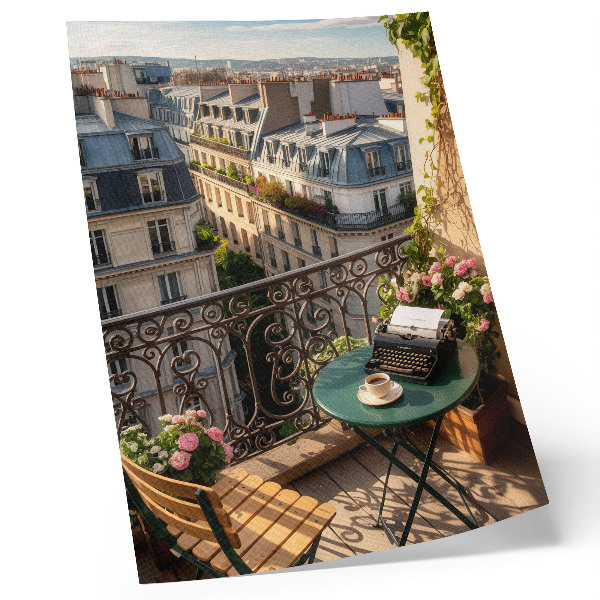 Decorative poster Balcony cafe with a view of the tenement houses