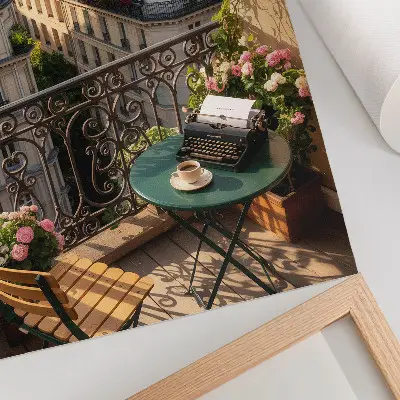 Decorative poster balcony cafe with a view of tenement houses