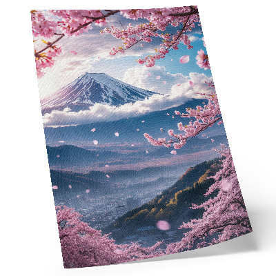 Art print Mountains and blooming sakura trees with a pink sky