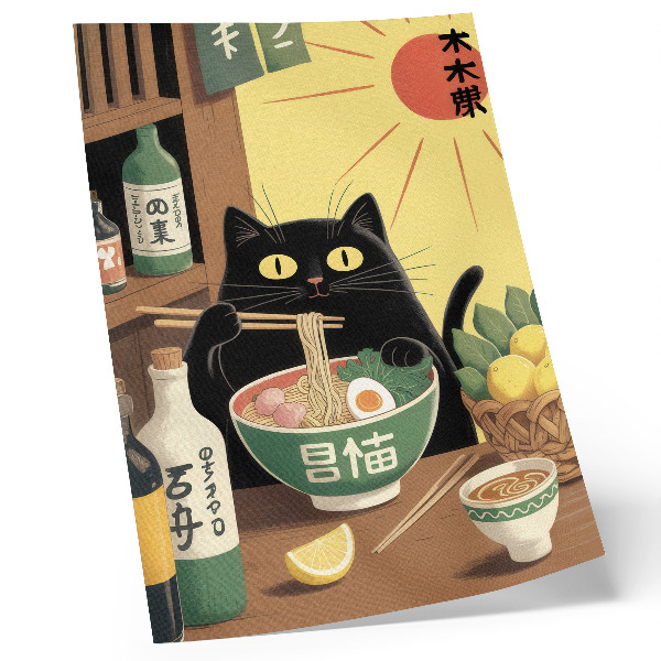 Poster Cat with ramen and lemons, Japanese theme, timeless atmosphere