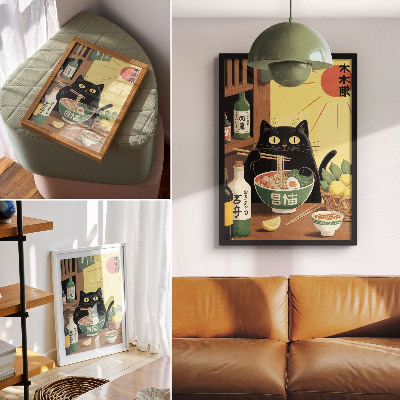 Poster Cat with ramen and lemons, Japanese theme, timeless atmosphere