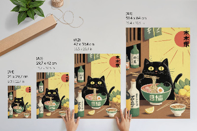 Poster Cat with ramen and lemons, Japanese theme, timeless atmosphere