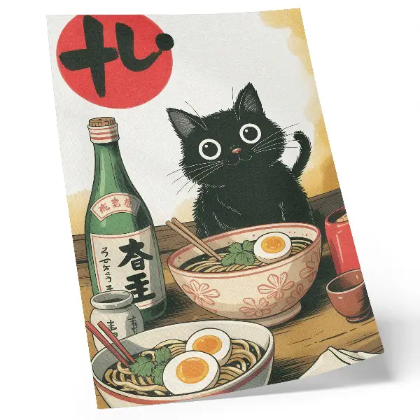 Art print featuring a black cat with ramen and sake bottle in a Japanese motif