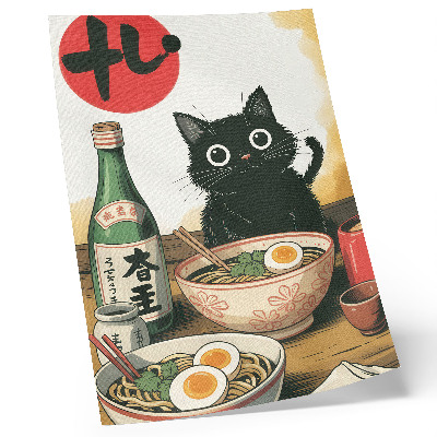 Art print Black cat ramen sake bottle japanese motif