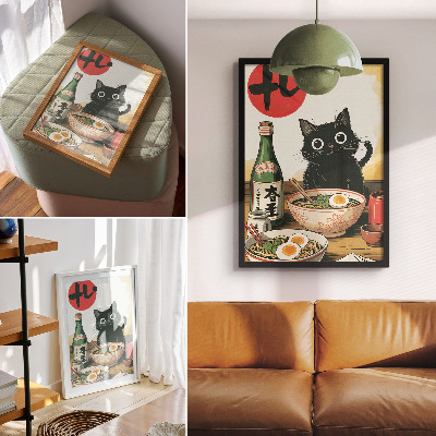 Art print Black cat ramen sake bottle japanese motif