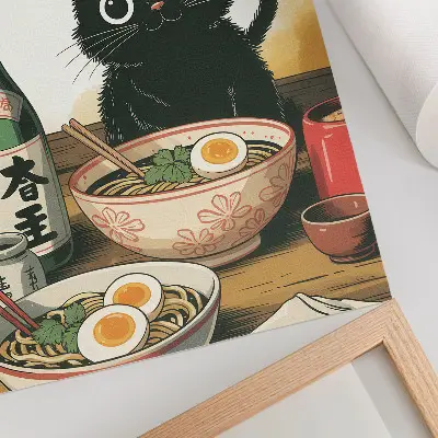 Art print featuring a black cat with ramen and sake bottle in a Japanese motif