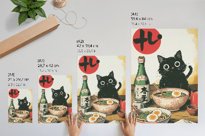 Art print Black cat ramen sake bottle japanese motif