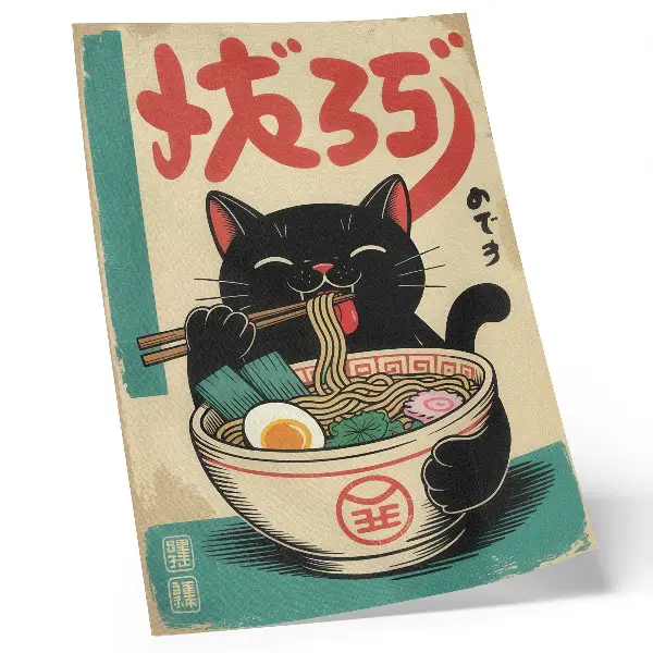 Black Cat Ramen Bowl Wall Art with Japanese retro inspirations