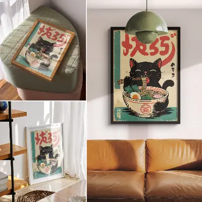 Black Cat Ramen Bowl Wall Art with Japanese retro inspirations