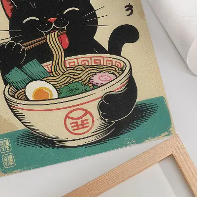 Black Cat Ramen Bowl Wall Art with Japanese retro inspirations