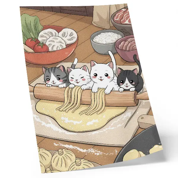 Decorative poster kittens in the kitchen illustration with a warm palette
