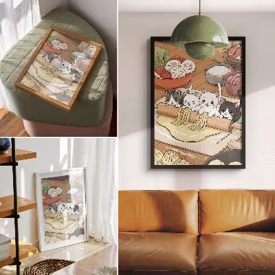 Decorative poster kittens in the kitchen illustration with a warm palette
