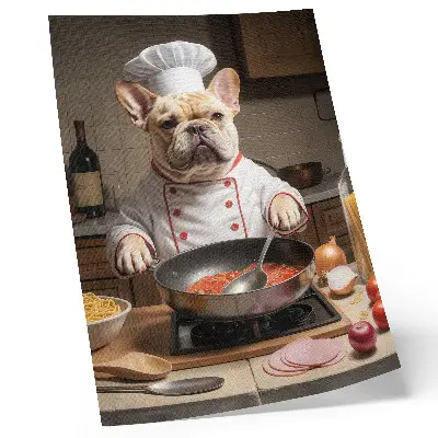 Poster featuring a funny surreal bulldog in the kitchen