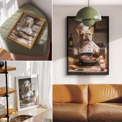 Poster featuring a funny surreal bulldog in the kitchen