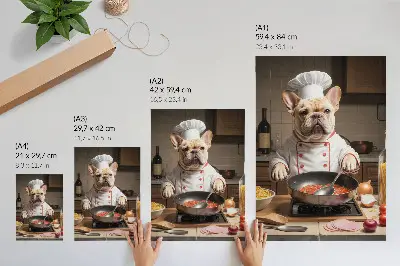 Poster featuring a funny surreal bulldog in the kitchen