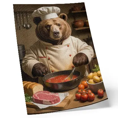 Art print surrealist scene of a bear cooking for a warm soul