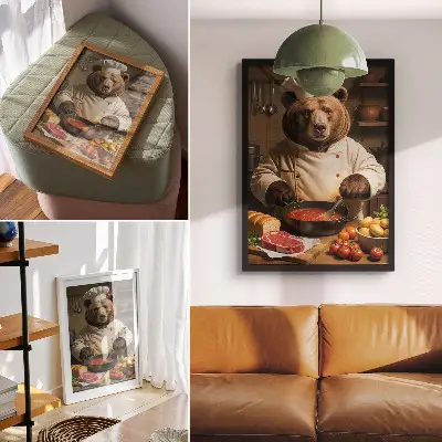 Art print surrealist scene of a bear cooking for a warm soul