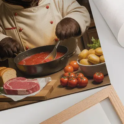 Art print surrealist scene of a bear cooking for a warm soul