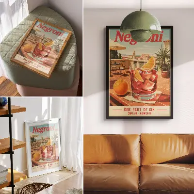 Decorative poster orange drink on the terrace in a retro style