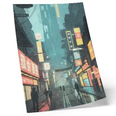 Art print featuring an urban night scene with retro-futuristic style and neon lights
