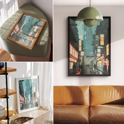 Art print featuring an urban night scene with retro-futuristic style and neon lights