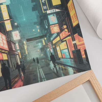 Art print Urban night scene with retro-futuristic style and neon lights