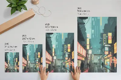 Art print featuring an urban night scene with retro-futuristic style and neon lights