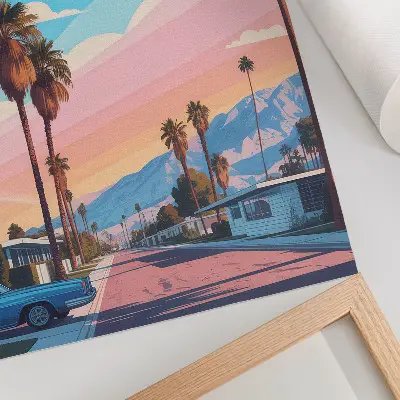 Premium wall art featuring colorful palm trees and a modern peaceful street