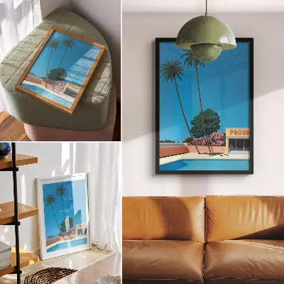 Decorative poster featuring a modern blue sky, palm trees, and swimming pool design