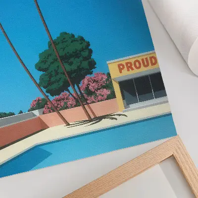 Decorative poster featuring a modern blue sky, palm trees, and swimming pool design