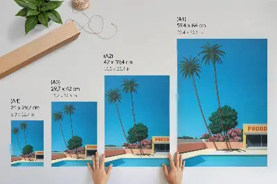 Decorative poster featuring a modern blue sky, palm trees, and swimming pool design