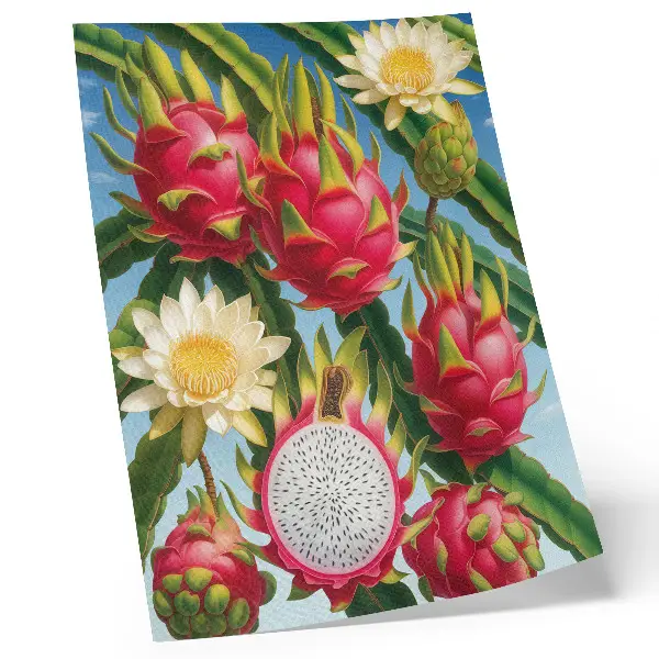Art print featuring exotic fruits and cacti in bright sky colors