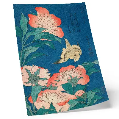 Art print featuring Peonies and a Canary by Katsushiki Hokusai from 1834