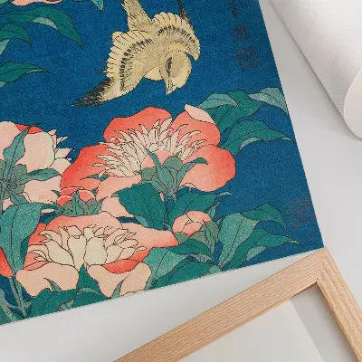 Art print featuring Peonies and a Canary by Katsushiki Hokusai from 1834