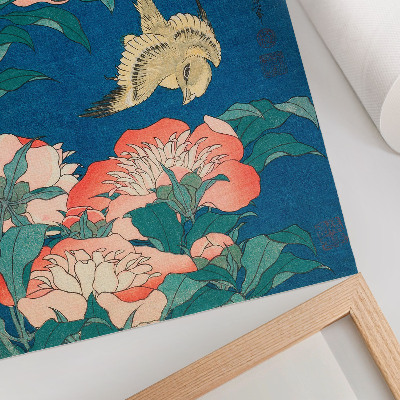Art print Peonies and a Canary by Katsushiki Hokusai (1834) – vintage woodcut