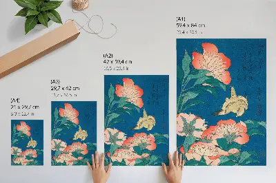 Art print featuring Peonies and a Canary by Katsushiki Hokusai from 1834