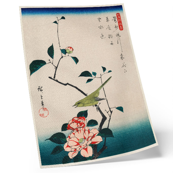 Decorative poster Ukiyo-e illustration of Camellia and Nightingale by Utagawa Hiroshige (1797-1858)