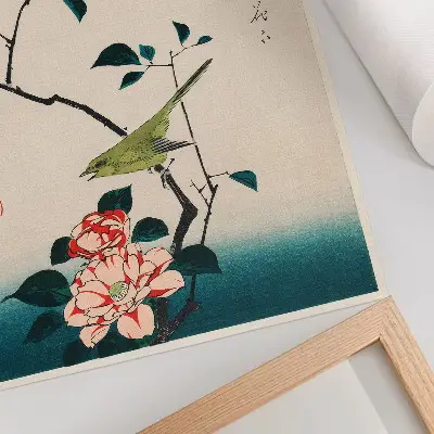 Decorative poster featuring a Ukiyo-e illustration of a Camellia and Nightingale by Utagawa Hiroshige