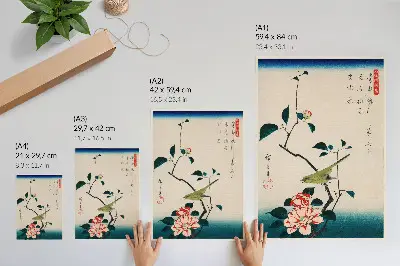 Decorative poster featuring a Ukiyo-e illustration of a Camellia and Nightingale by Utagawa Hiroshige